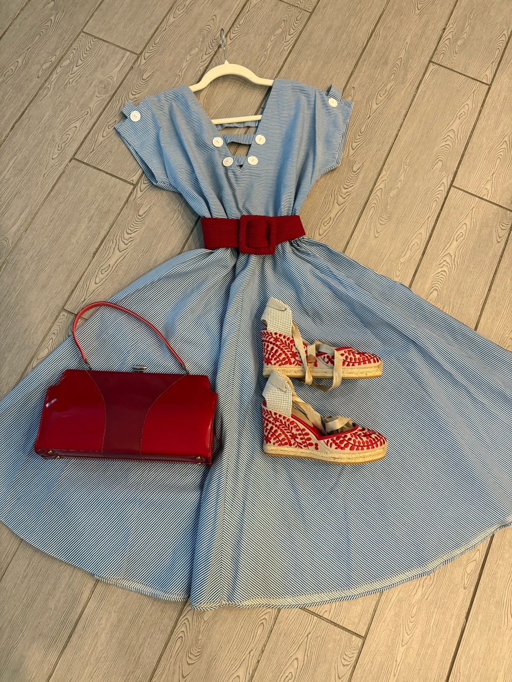 Vintage Nautical Blue and White Stripe Button Front Fit & Flare Dress